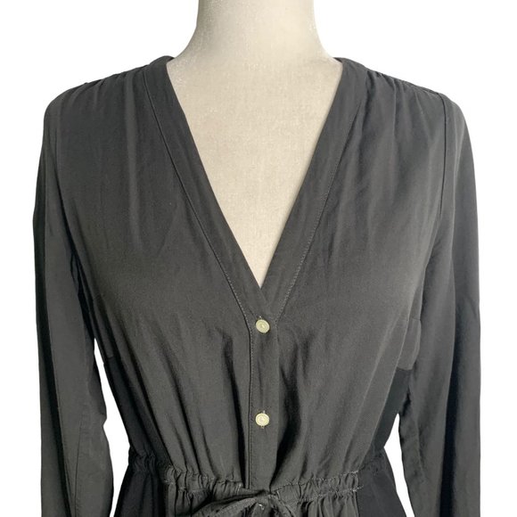 Gap Button Down Long Sleeve Dress 4 Grey V Neck Pockets Drawstring Tie Waist - Picture 2 of 6